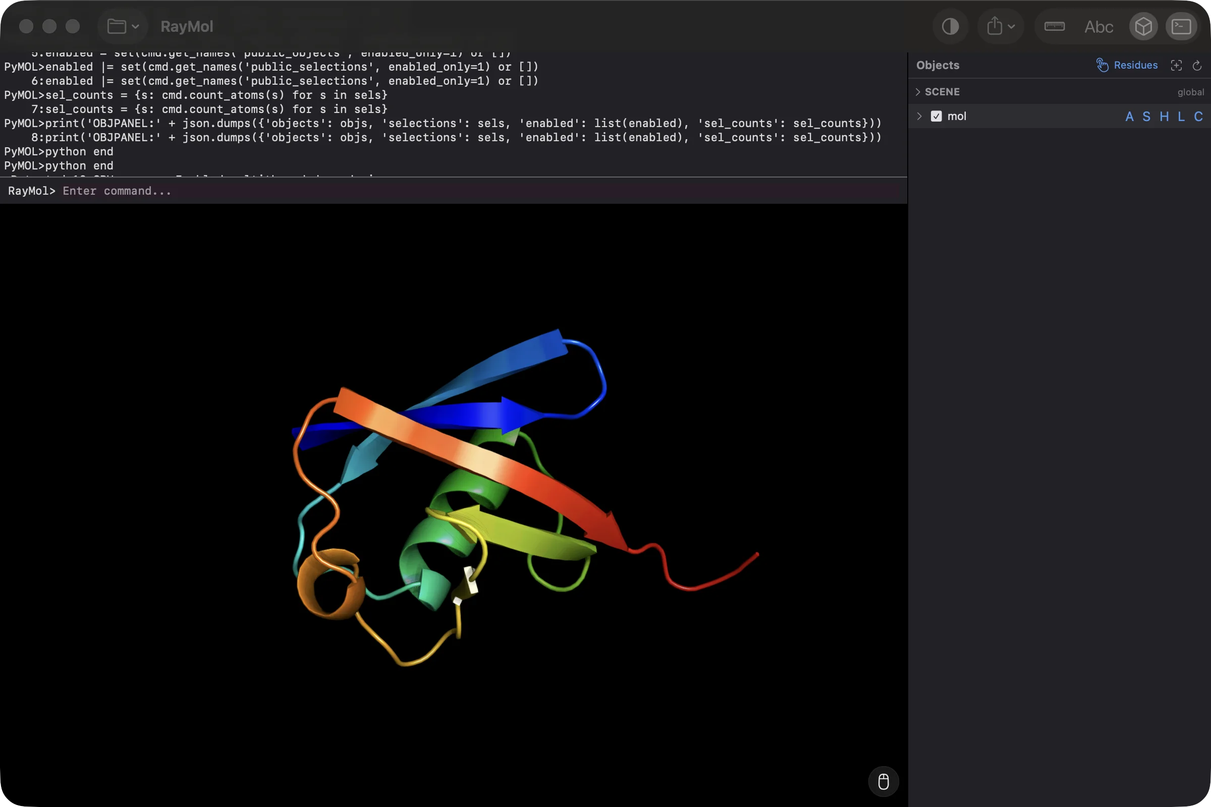 Raymol on macOS — Classic theme — rainbow cartoon of ubiquitin (1UBQ) in the Metal viewport