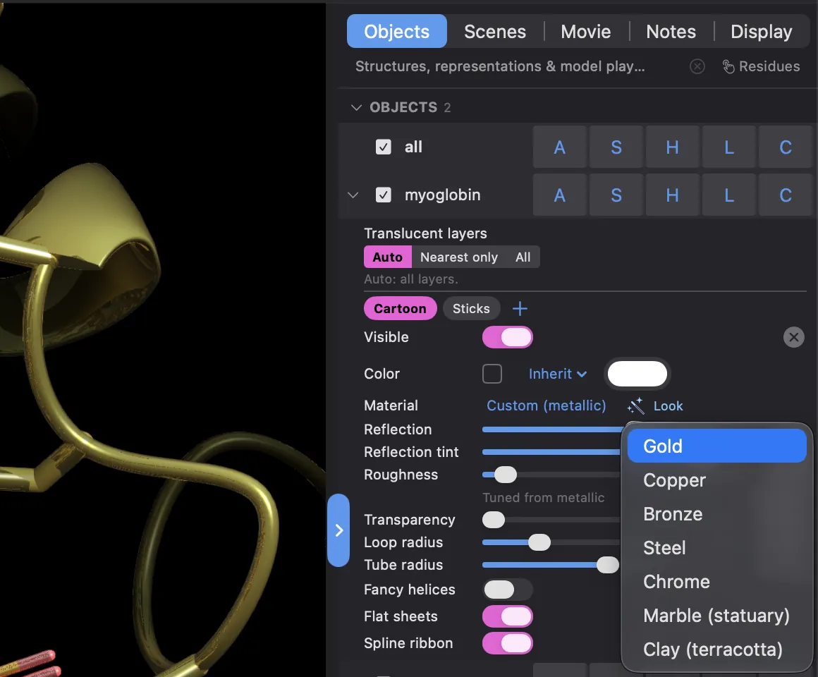 The Inspector on Mac: the Cartoon layer's Material reads Custom (metallic) with Reflection, Reflection tint, and Roughness sliders, and the Look menu is open on Gold, Copper, Bronze, Steel, Chrome, Marble (statuary), and Clay (terracotta)