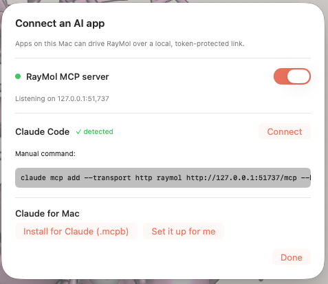 The 'Connect an AI app' dialog — toggle the local MCP server, one-click connect Claude Code, or install for the Claude Mac app