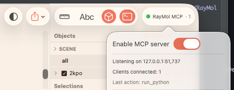 Raymol's toolbar MCP status — 'RayMol MCP · 1' — with the popover showing the server listening on 127.0.0.1 and one connected client
