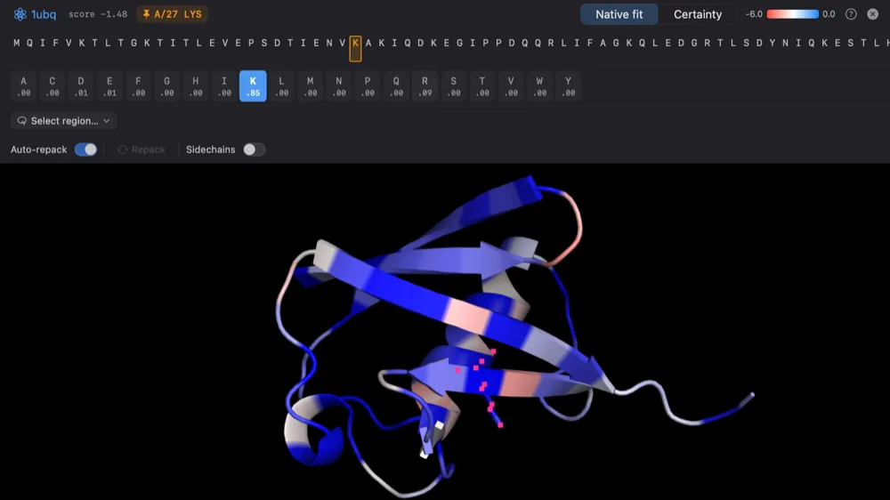 Design mode on ubiquitin (1UBQ): the cartoon colored by native fit, with the 20-amino-acid propensity row for residue 27 above it